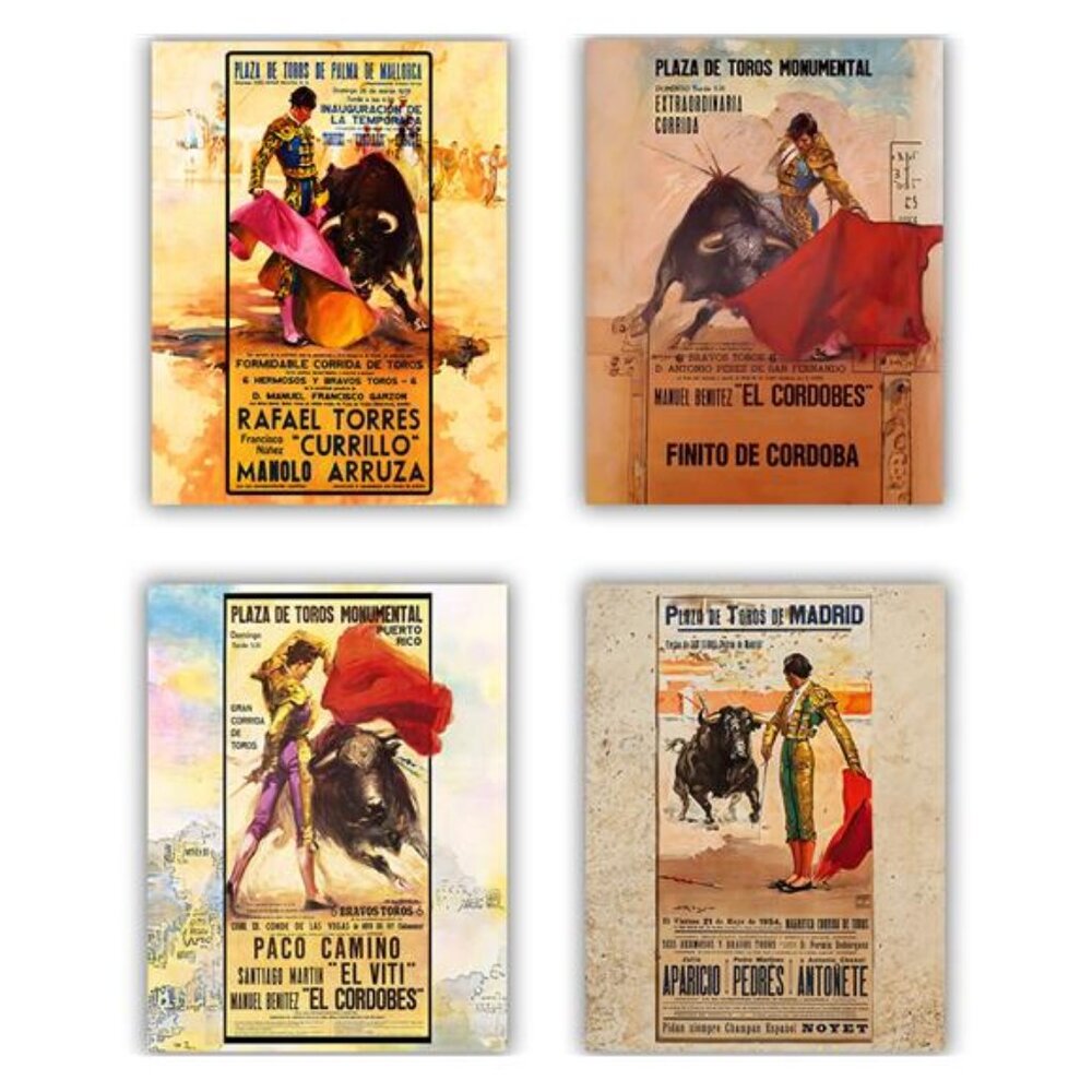 Vintage Spanish Bullfighting Poster Prints Set Of 4 | Unframed 8x10 Or 8.5x11